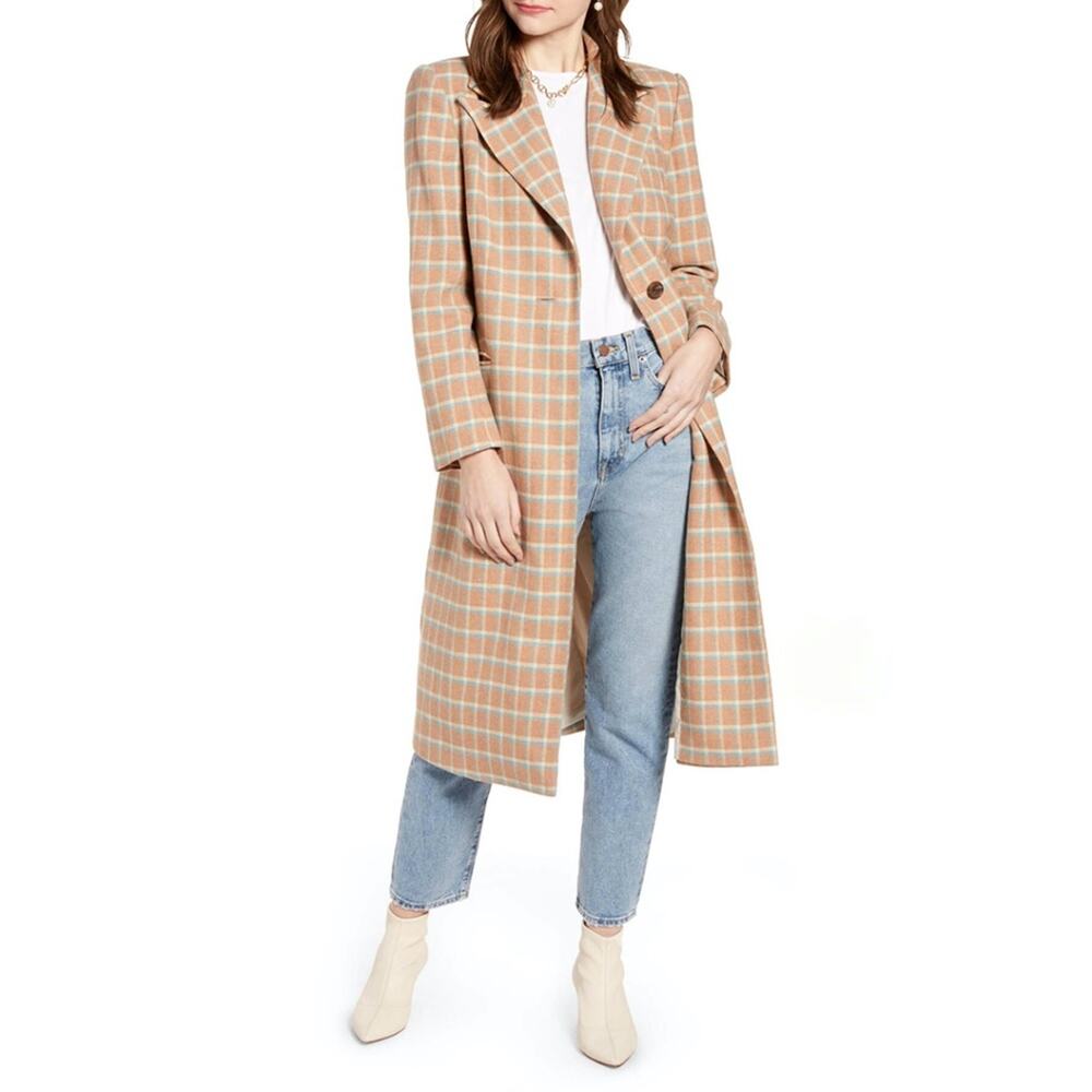 Something Navy Plaid Wool Blend Longline Duster Coat Old Money Size XS NWT